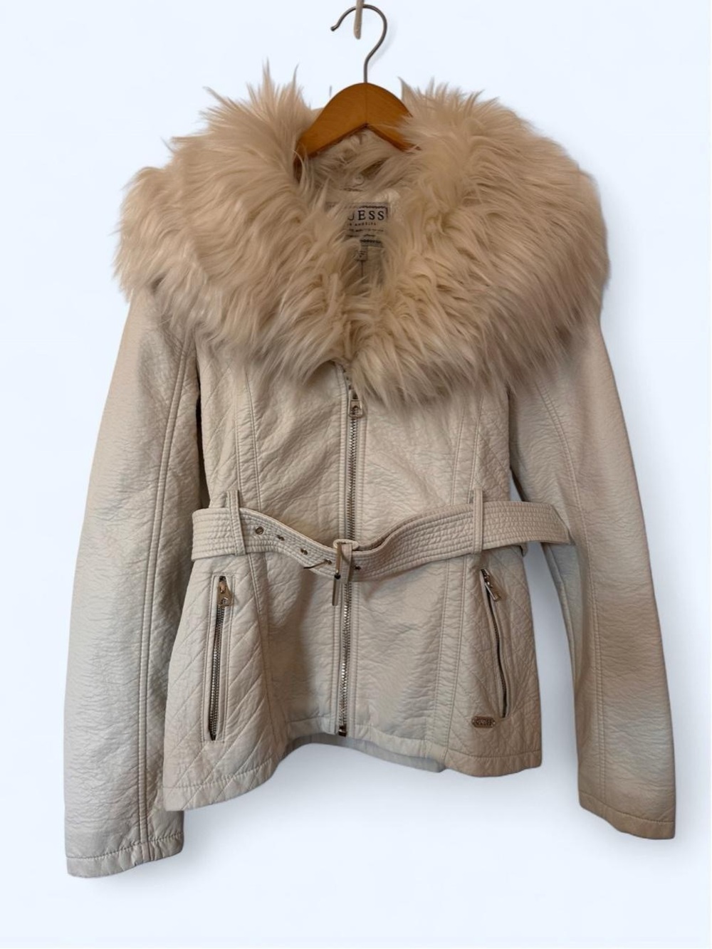 GUESS Cream Leather Jacket with Plush Fur Collar
